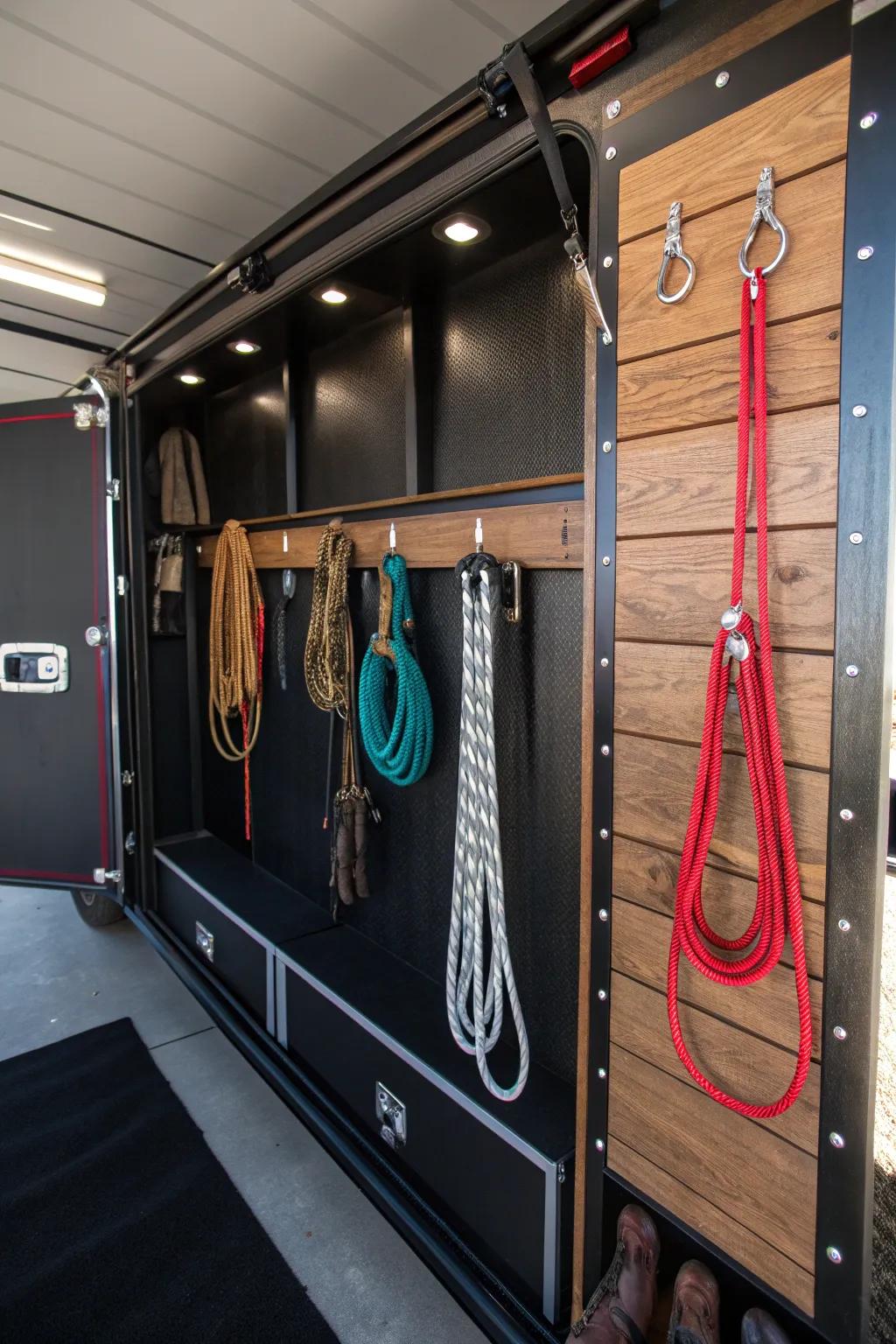 Master the art of organization with elegant hanging storage solutions for your trailer.