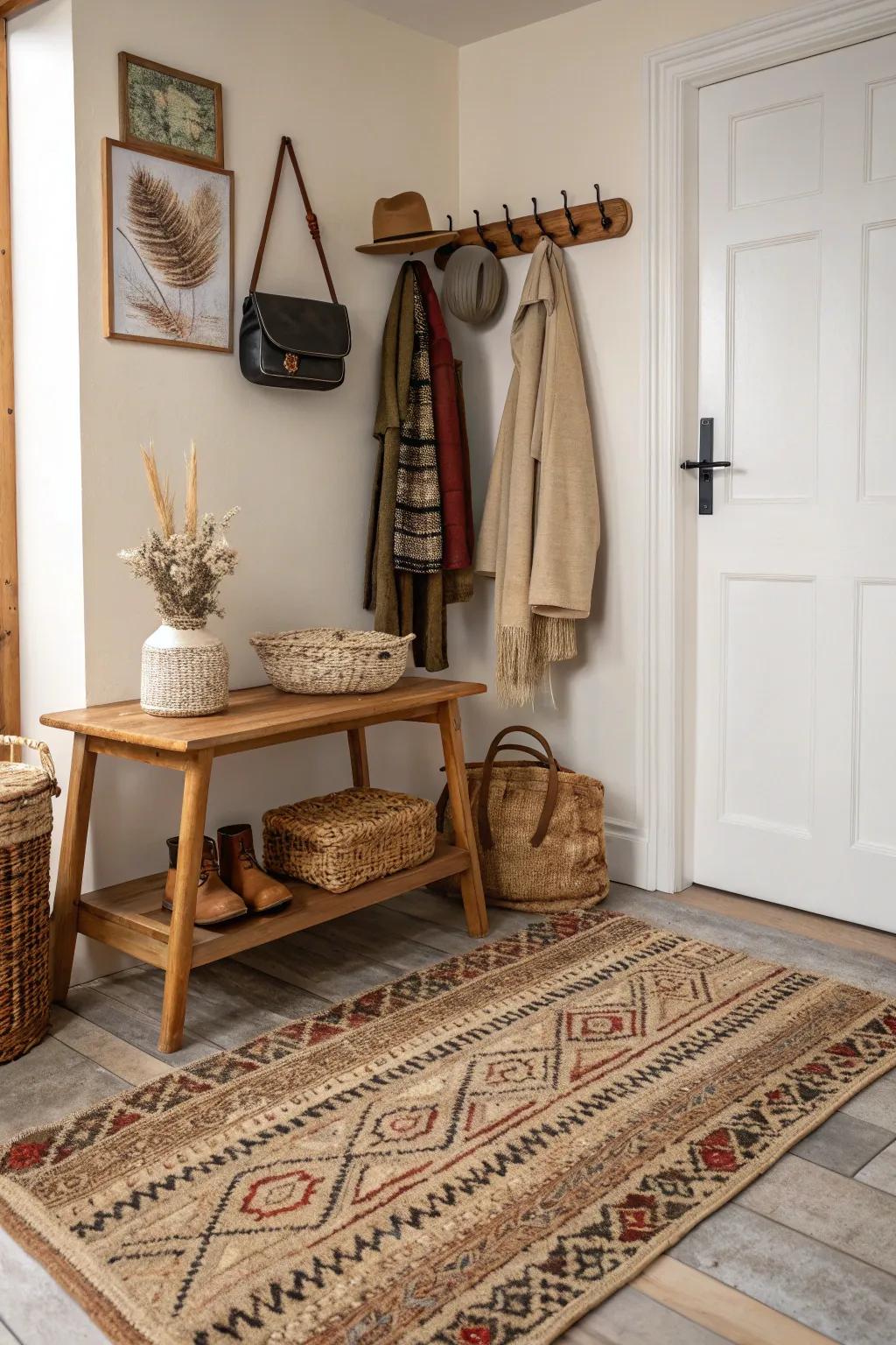 Layering textures creates a rich and inviting entryway.