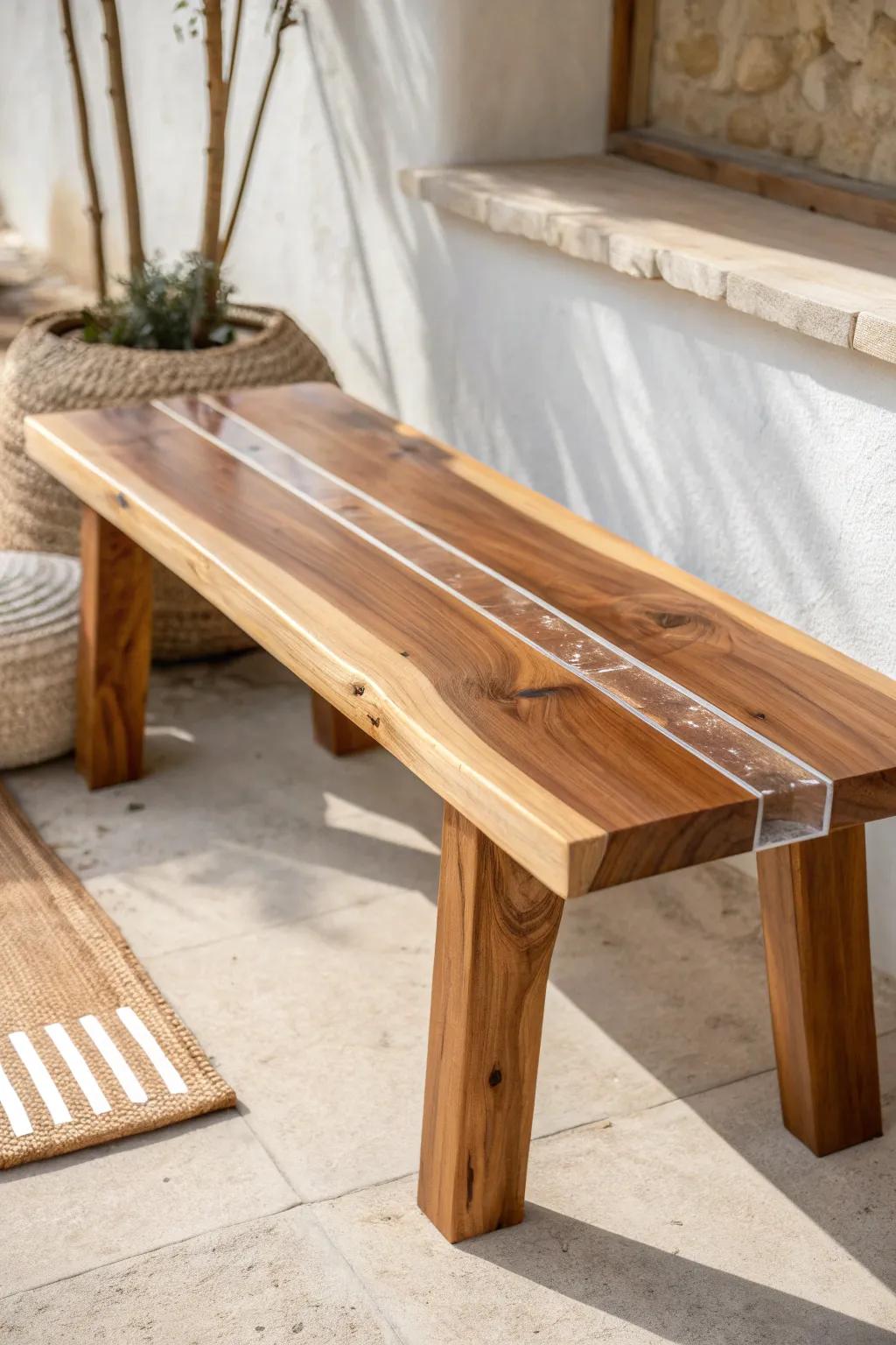 Experience the harmony of nature and artistry with this elegant epoxy and wood fusion bench.