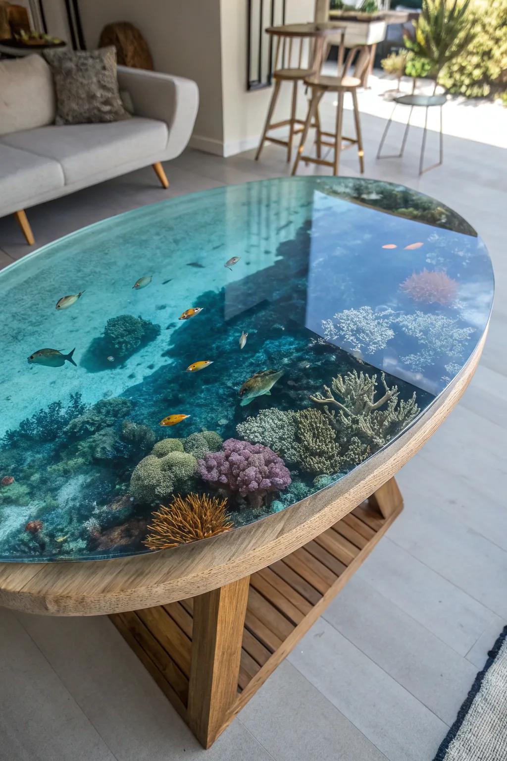 Explore the depths of design with this stunning epoxy table that brings the ocean to your living room.