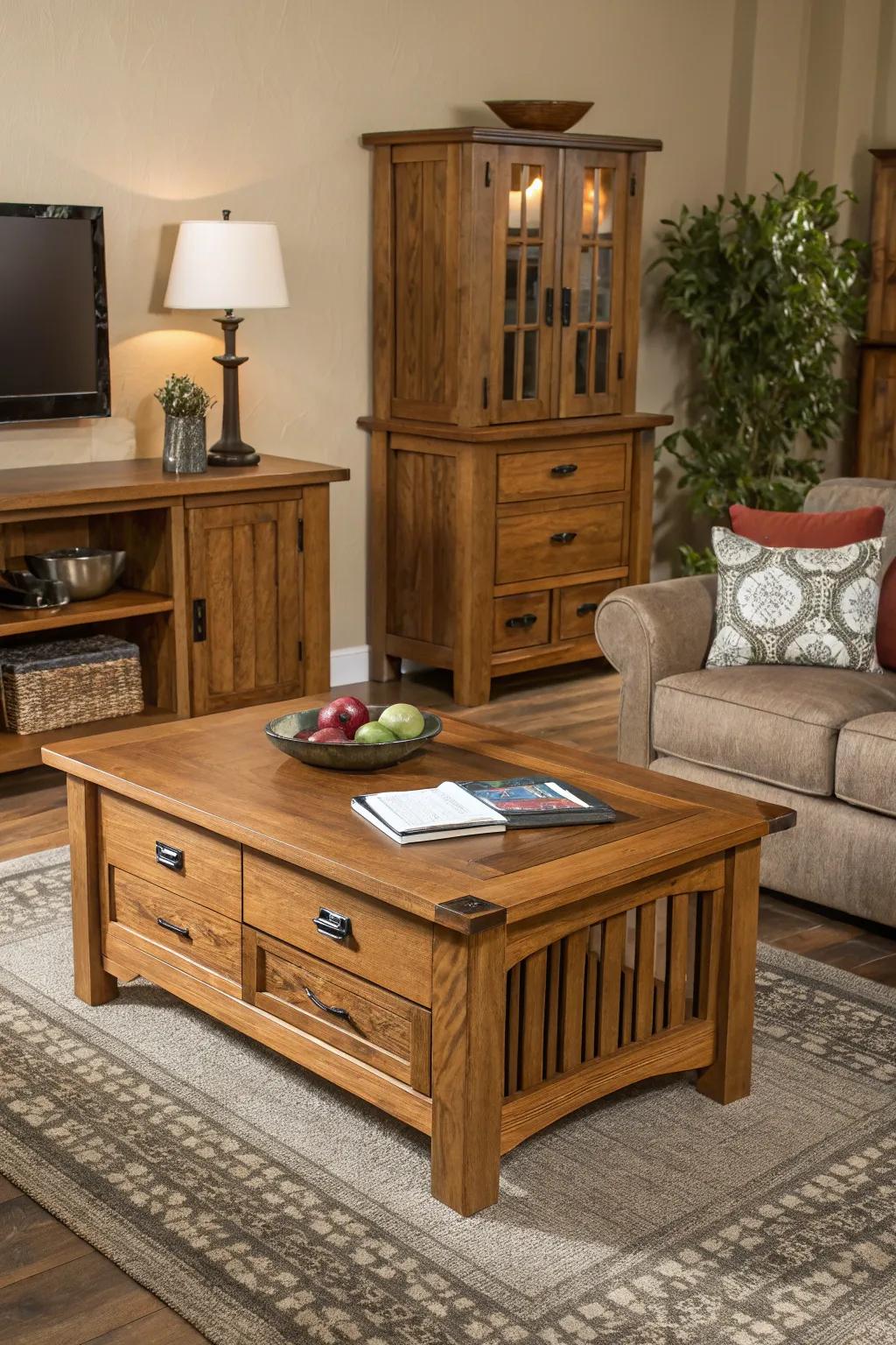 Wood tones add warmth to this European-style living room.