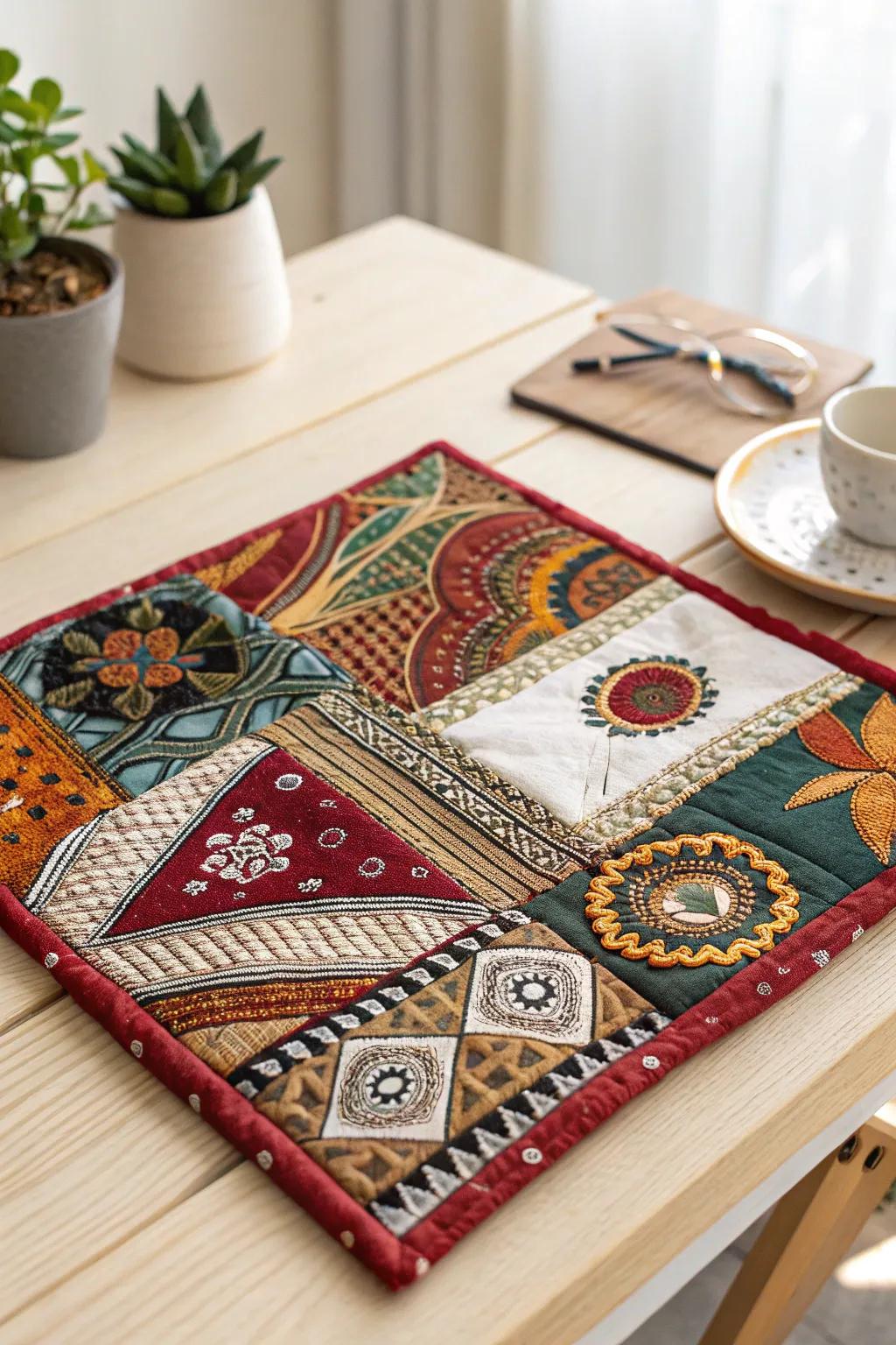 Craft a story of cultural beauty with a unique fabric collage, where history meets artistry.