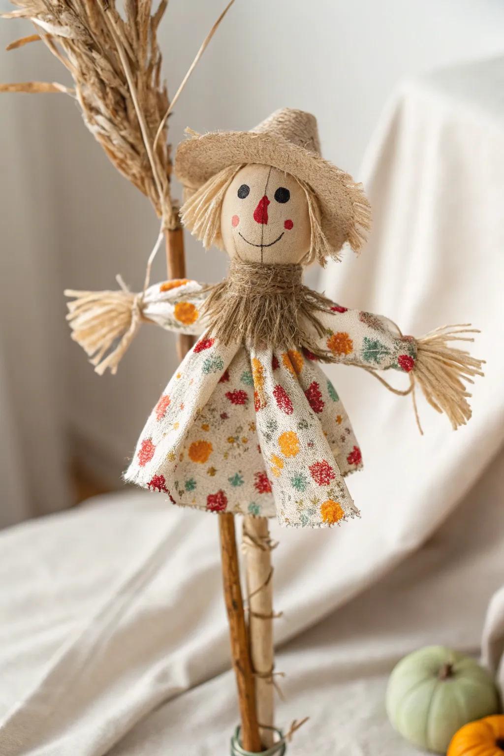Whimsical Autumn Creations: Bring stories to life with charming scarecrow stick puppets.