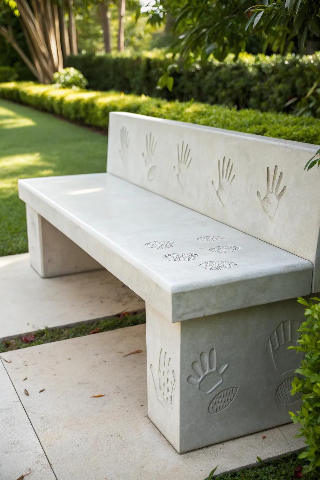Find solace in every touch - a handcrafted bench with family handprints, perfect for your morning retreat.