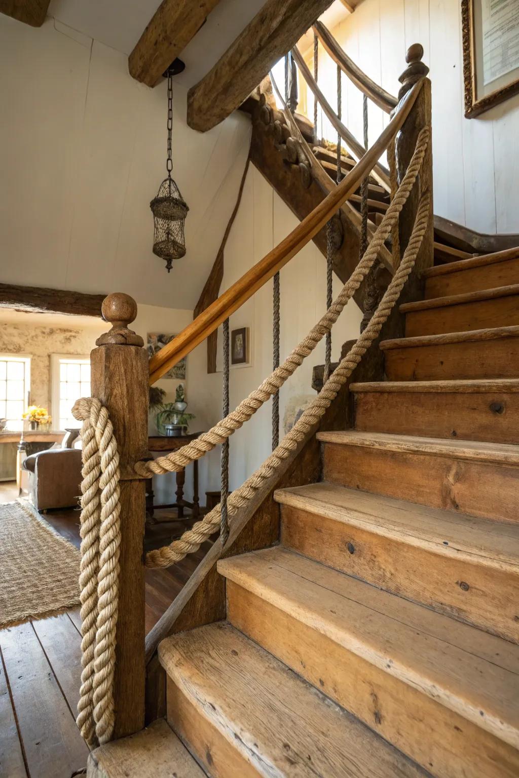 Rustic rope railings create a unique farmhouse look.