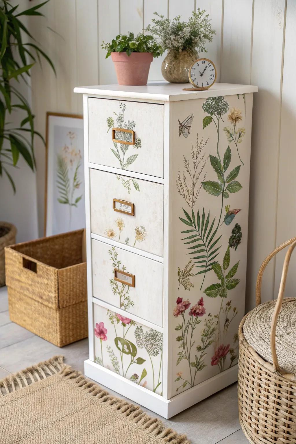 Transform your space with a touch of nature: A file cabinet makeover with vintage botanical decoupage.