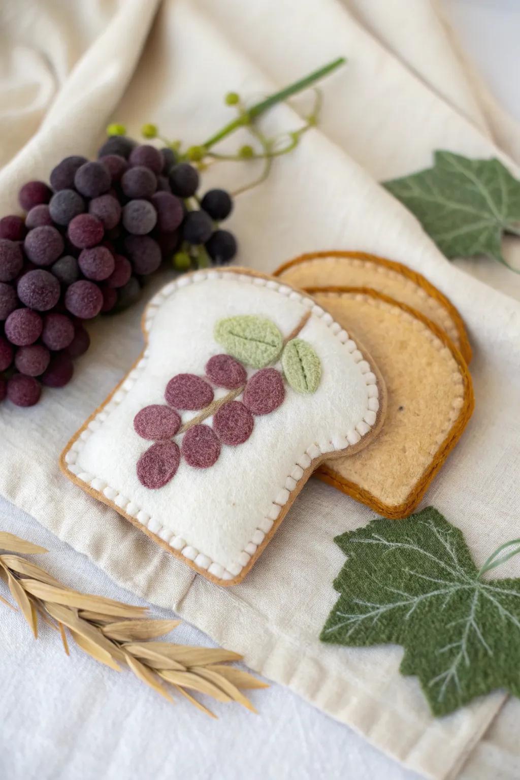 Crafted with care: Felt bread and grapes add a symbolic touch to your first communion banner.