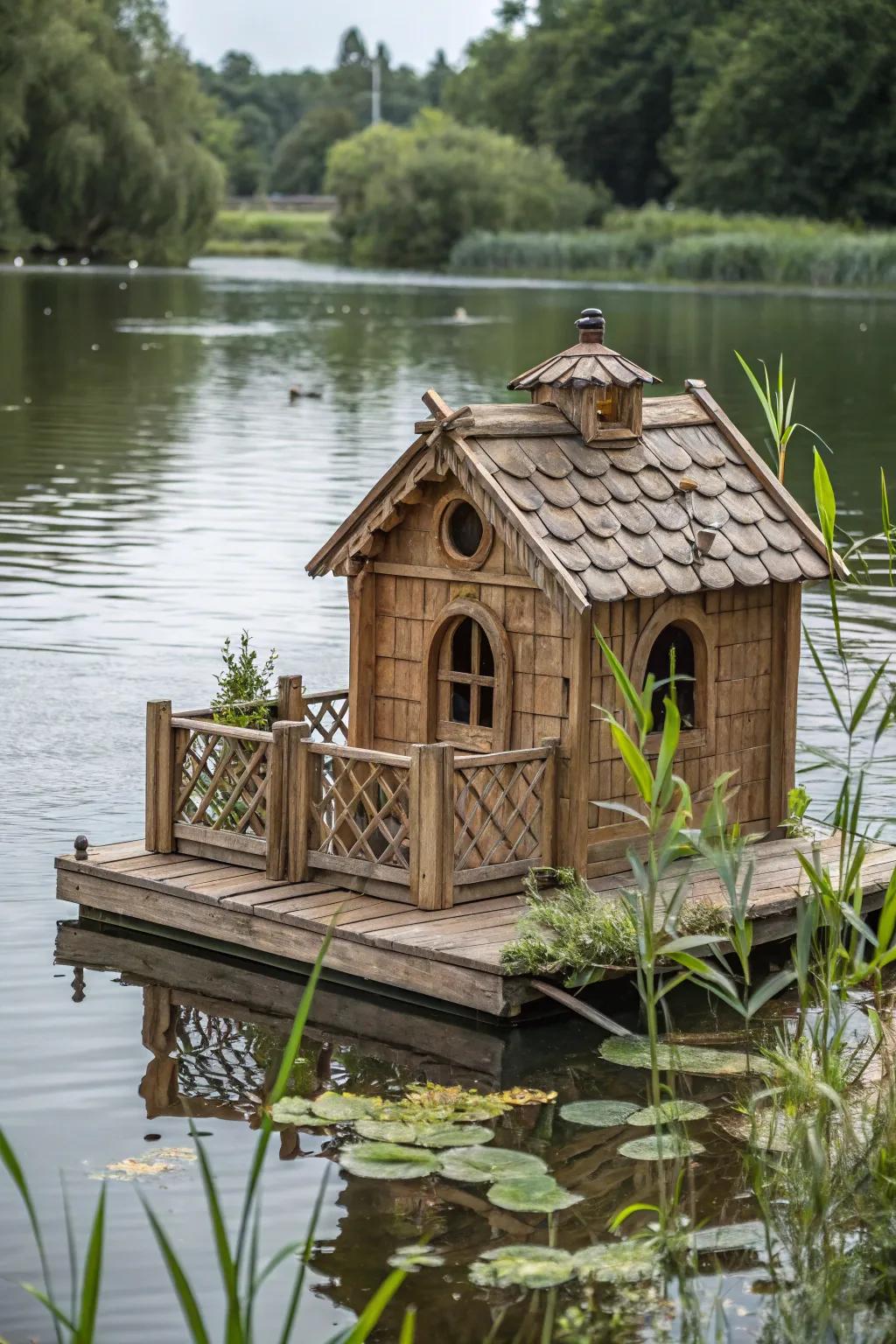 Craft a serene pond paradise with this elegant floating duck house, a masterpiece of craftsmanship.