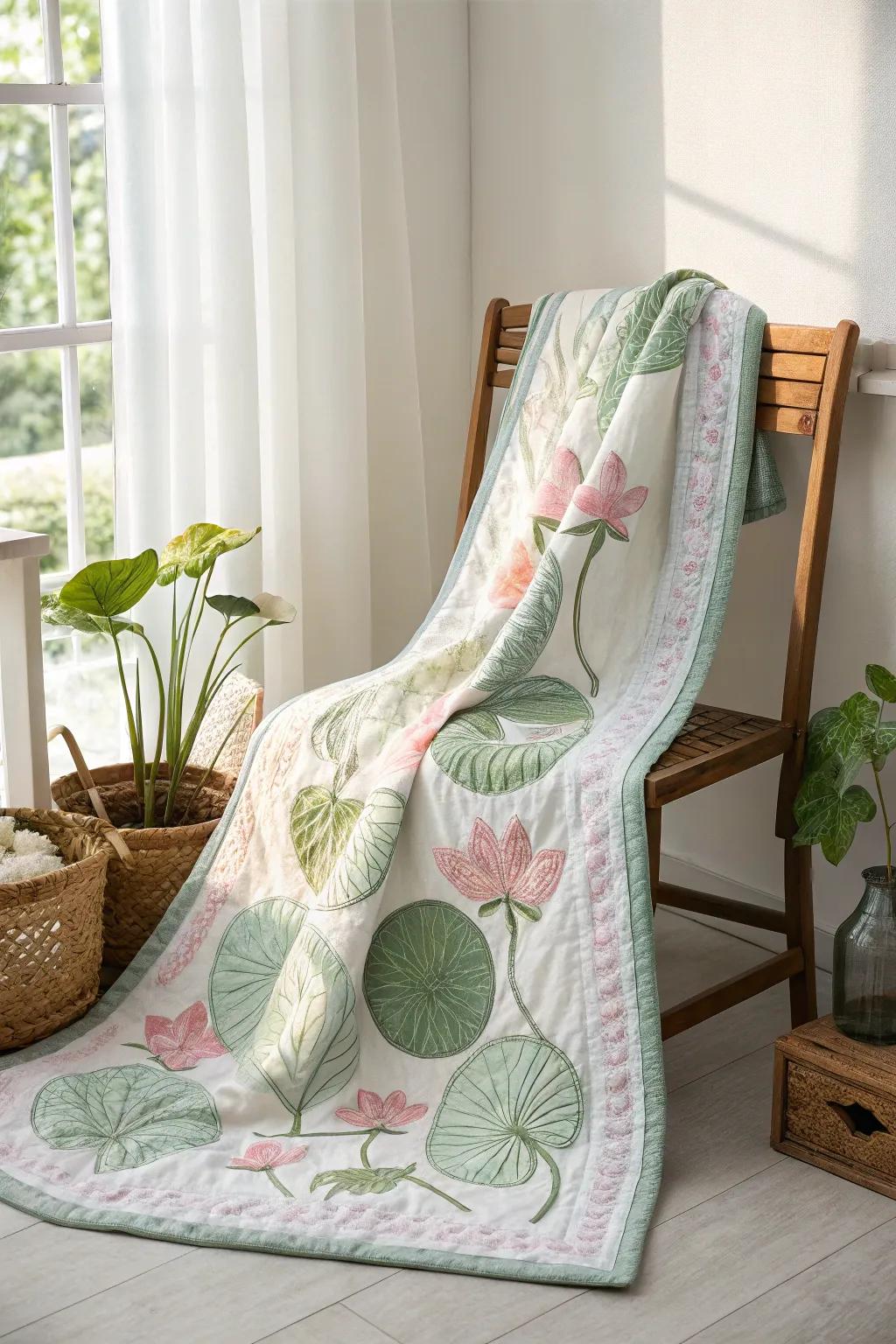Embrace tranquility with the soothing beauty of lily pad quilt layers.