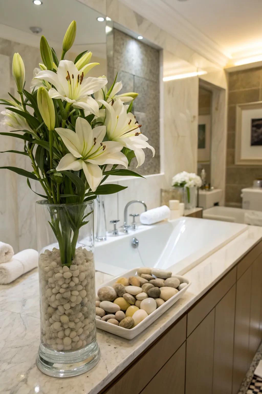 Pebbles in a vase create a serene, natural elegance.