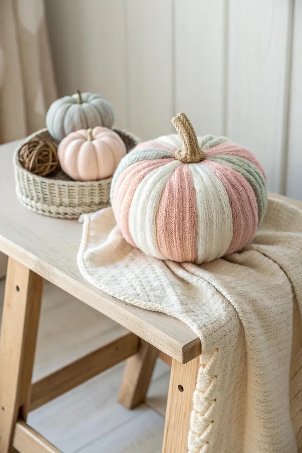 Embrace the cozy elegance of autumn with a yarn-wrapped pumpkin, where simplicity meets bohemian charm.