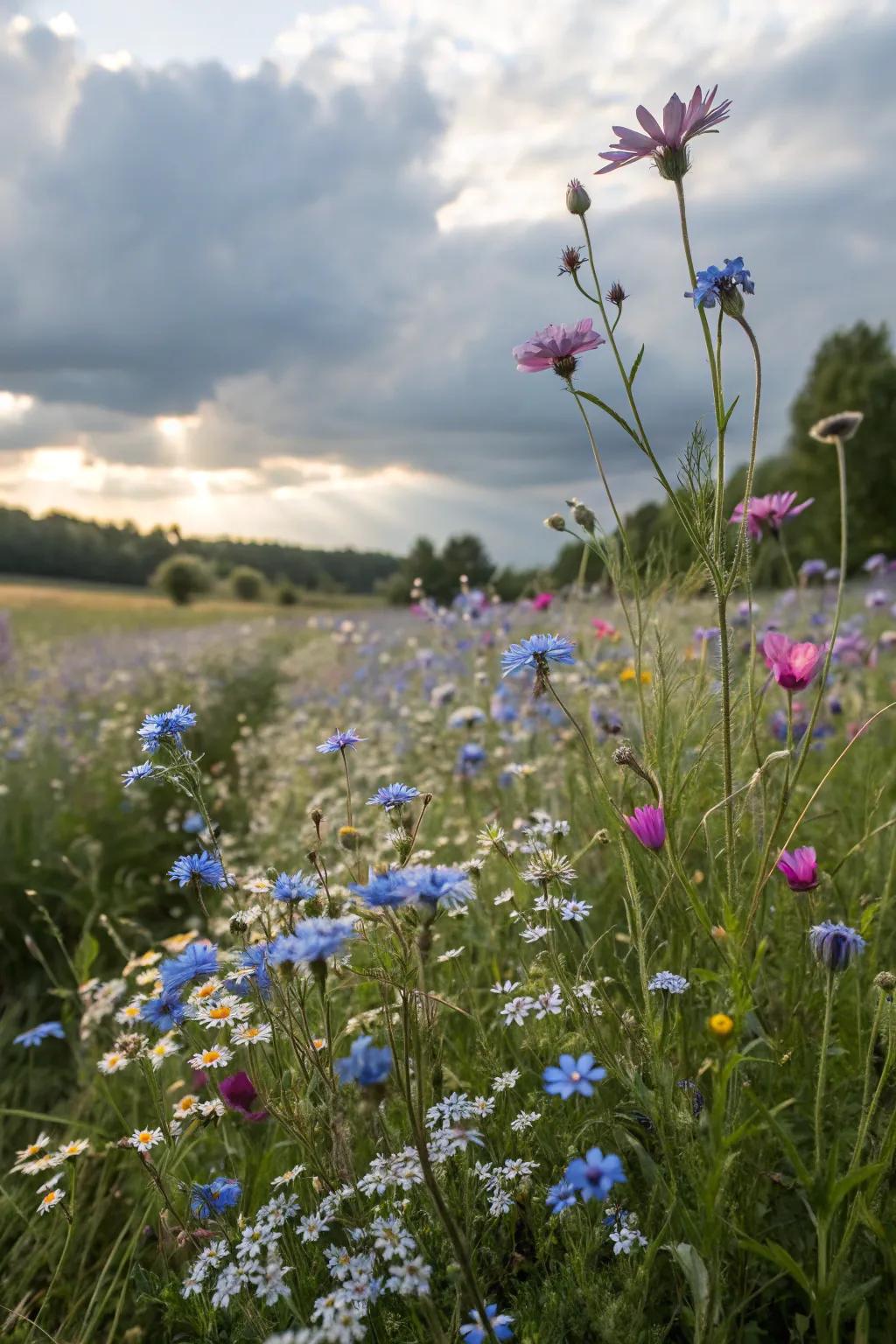 Wildflower meadows with forget-me-nots offer rustic charm.