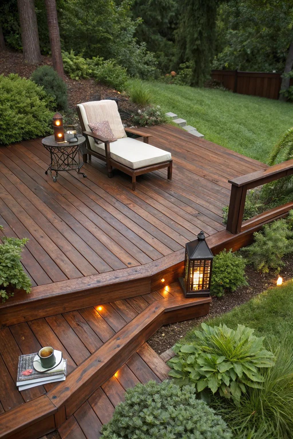 Escape to a handcrafted haven: Discover serenity in this beautifully designed corner deck.