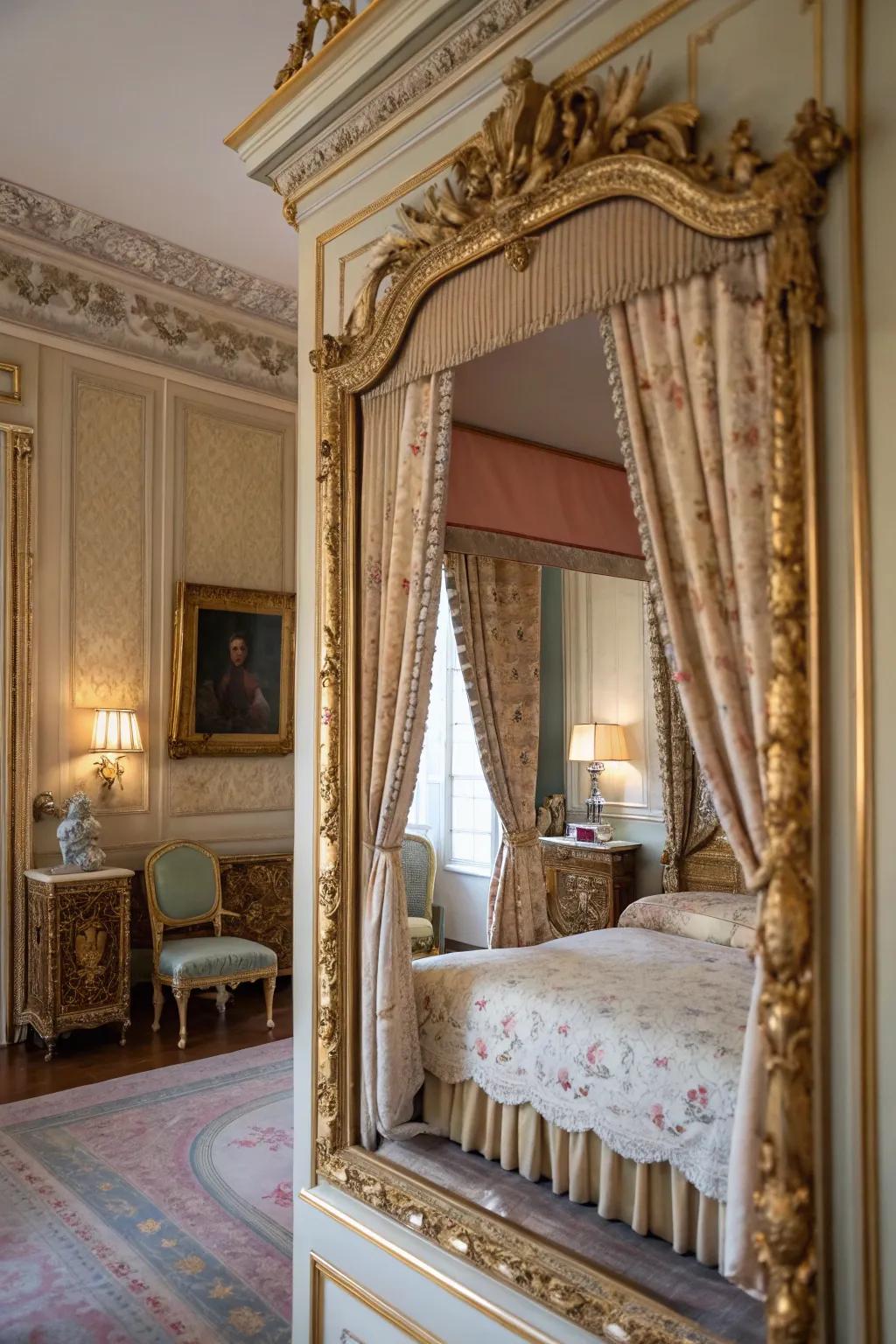 Mirrors with ornate frames enhance light and elegance in the French bedroom.