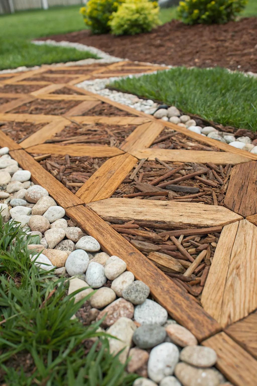 Elevate your front yard with creative mulch patterns that blend Scandinavian minimalism with Boho charm.