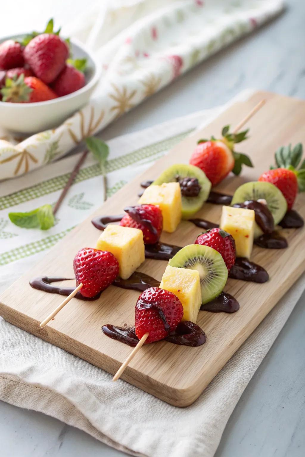 Indulge in simplicity: Artfully drizzled fruit kabobs for your next gathering.