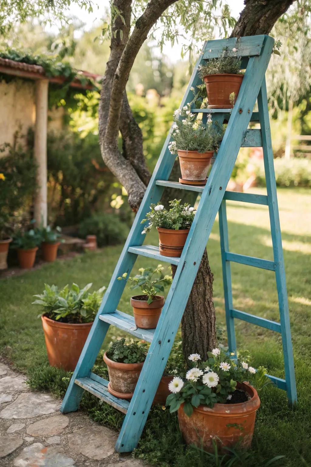 Transform your garden with a splash of color and creativity: a boho-chic painted ladder to elevate your plant display.