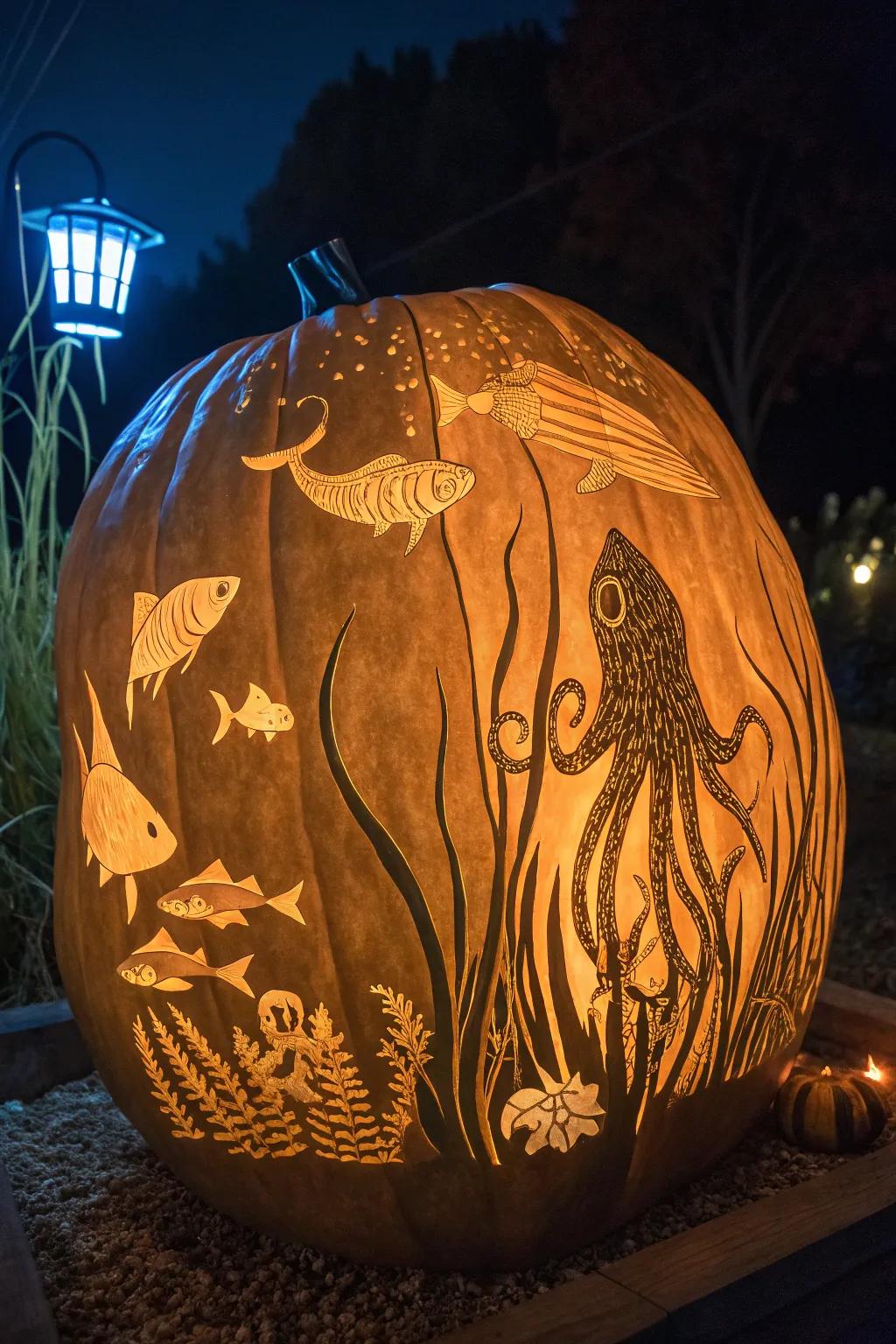 Dive into the depths of artistry with this masterfully carved pumpkin, bringing an underwater adventure to life.