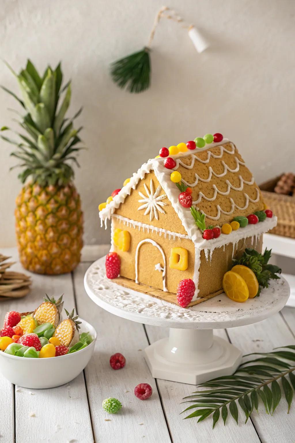 Escape to a tropical paradise with this vibrant gingerbread house creation. 🌴🍍✨ #TropicalGingerbread #ScandiBoho