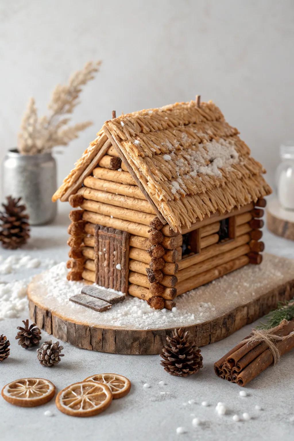 Embrace the warmth of the season with a cozy, rustic log cabin made entirely of sweet treats. Perfect for adding a touch of handmade charm to your holiday decor!