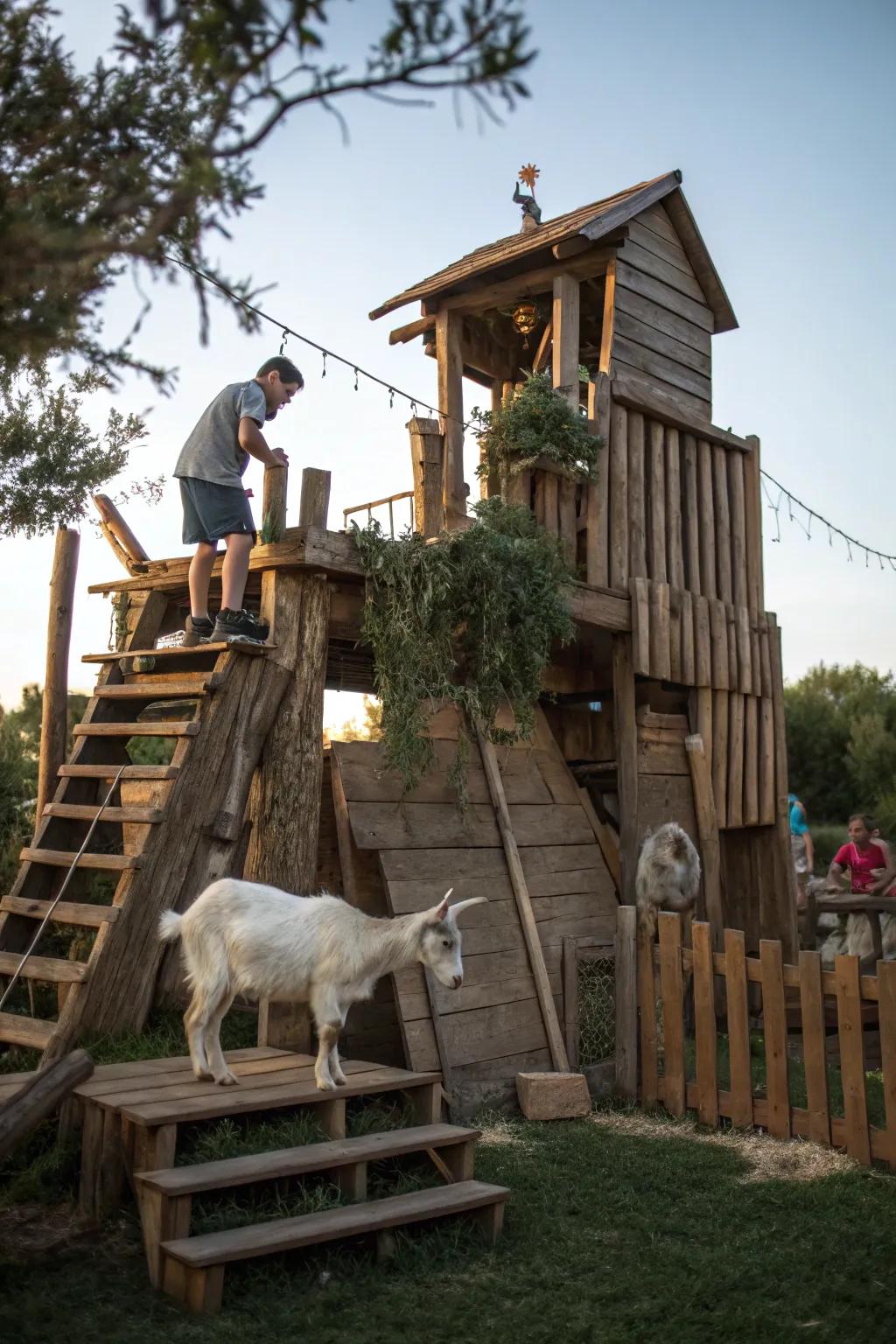 Transforming playtime into an adventure: A goat climbing structure with rustic charm.