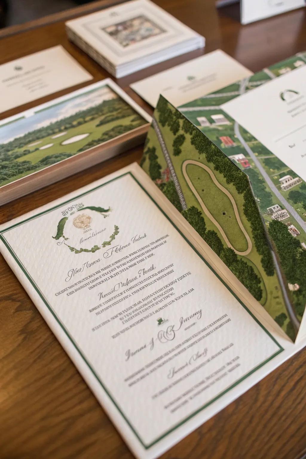 Custom golf course map invitations offer a personal, elegant touch.