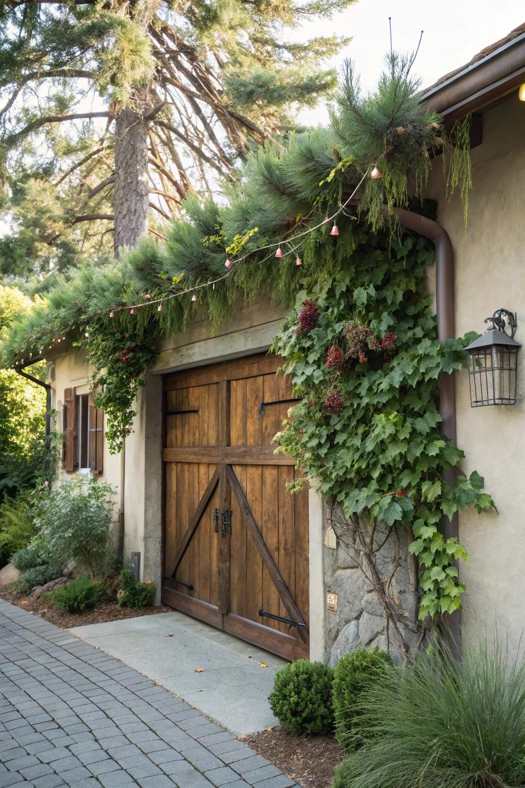 A nature-inspired grapevine swag adds charm to a garage.