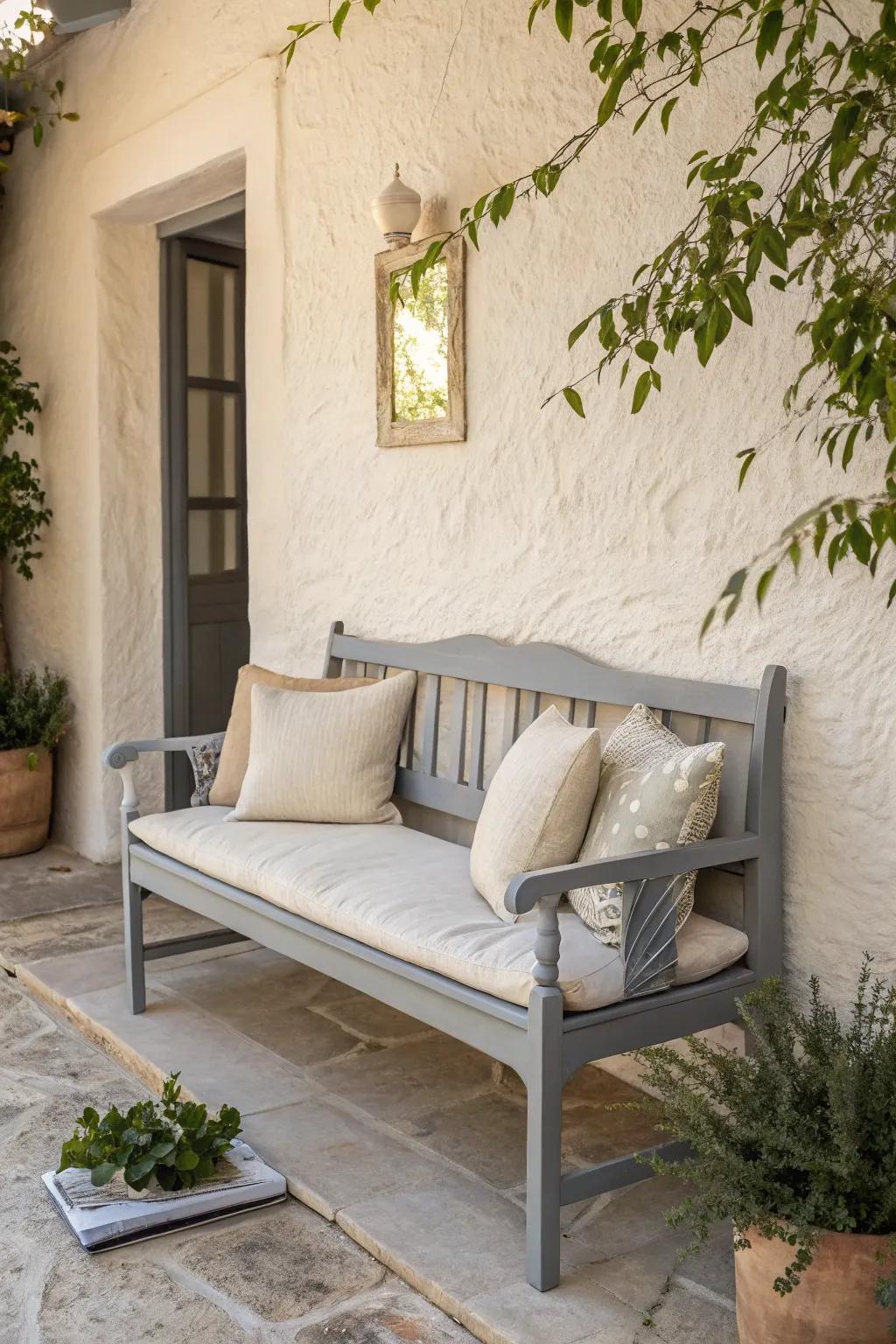 Transform your space with a cozy gray bench that blends minimalist elegance with boho charm.