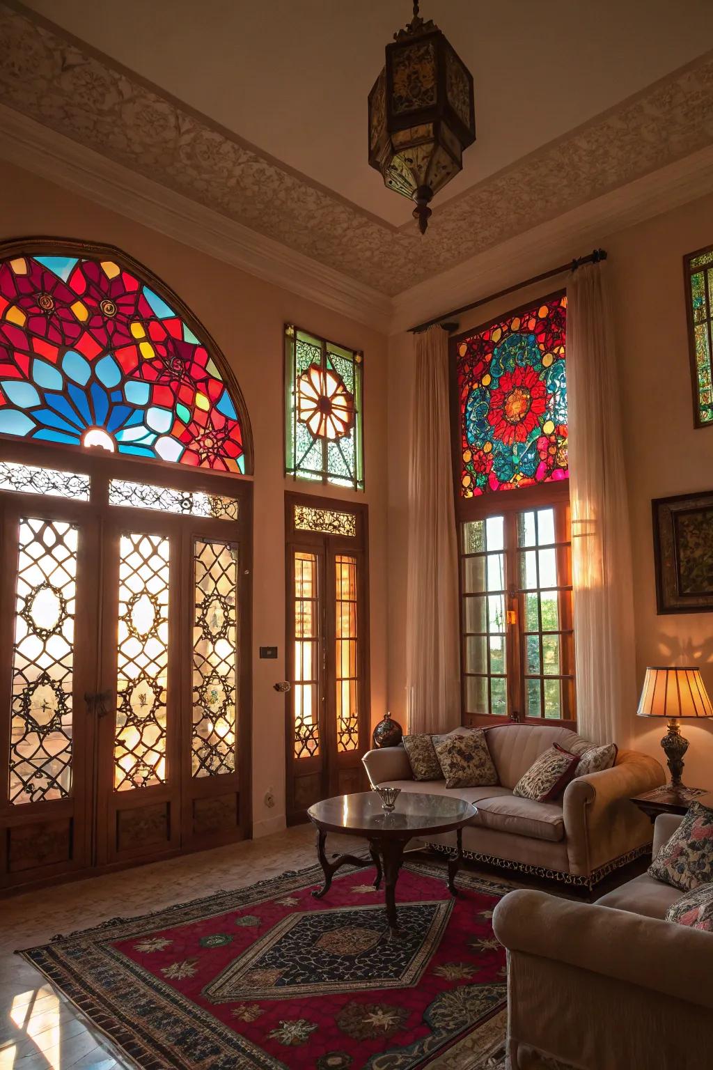 Stained glass windows bring a splash of color and artful charm to this living room.