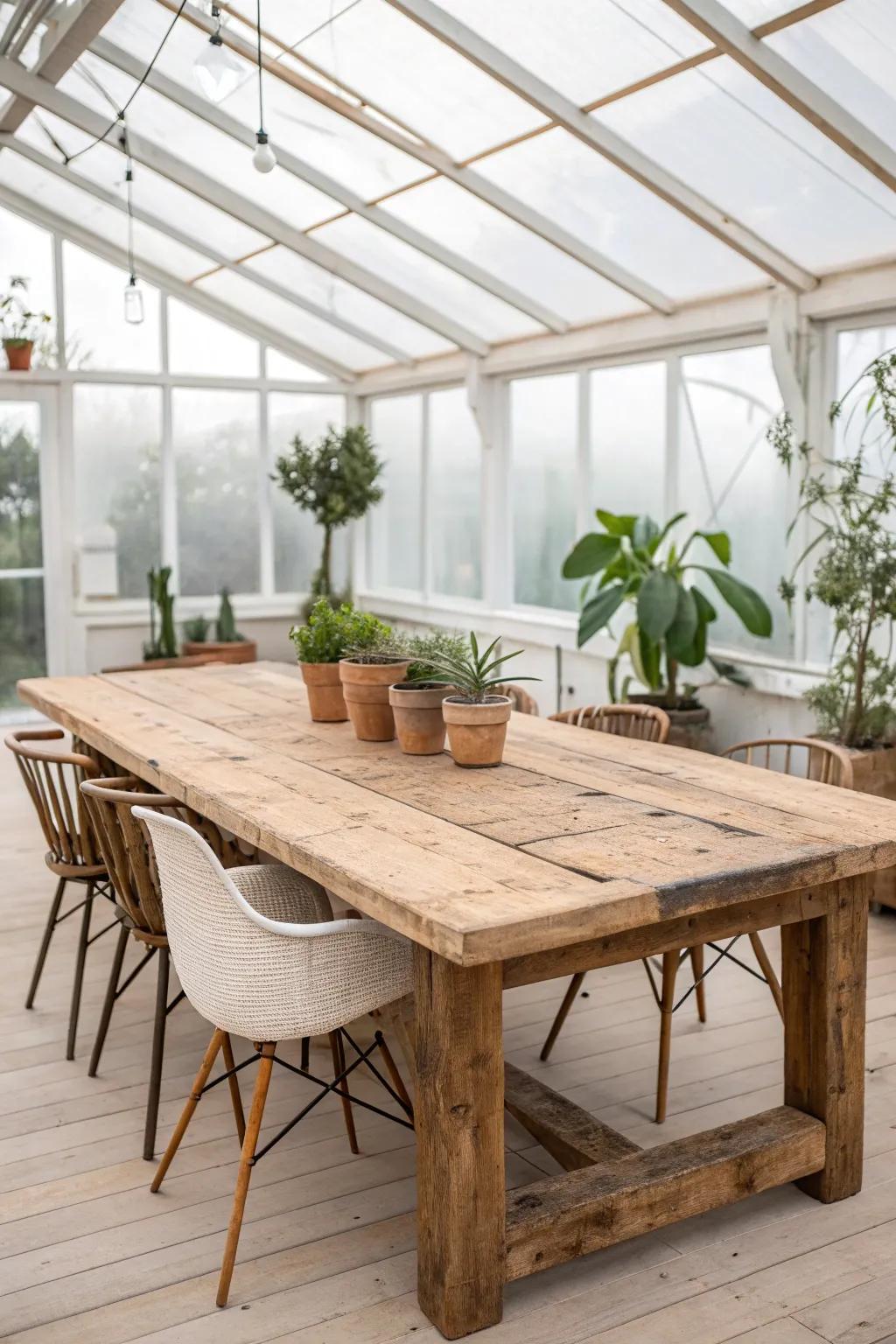 Embrace the rustic elegance of reclaimed wood with this stunning DIY greenhouse table. 🌿✨ #SustainableStyle #BohoMinimalism