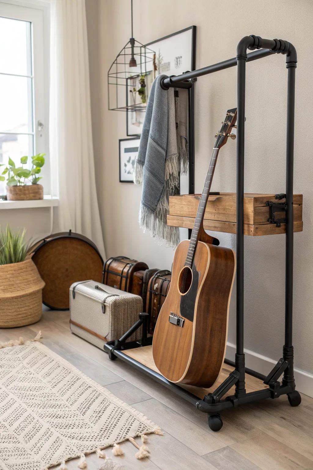 Elevate your space with this stunning industrial pipe guitar case rack—where simplicity meets artistic craftsmanship.