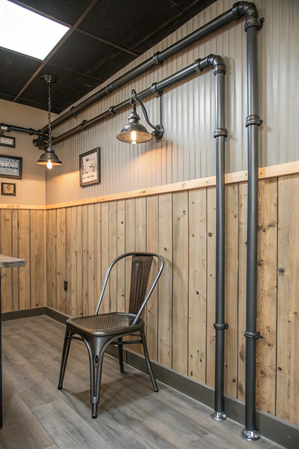 Shiplap and metal create an industrial chic vibe.