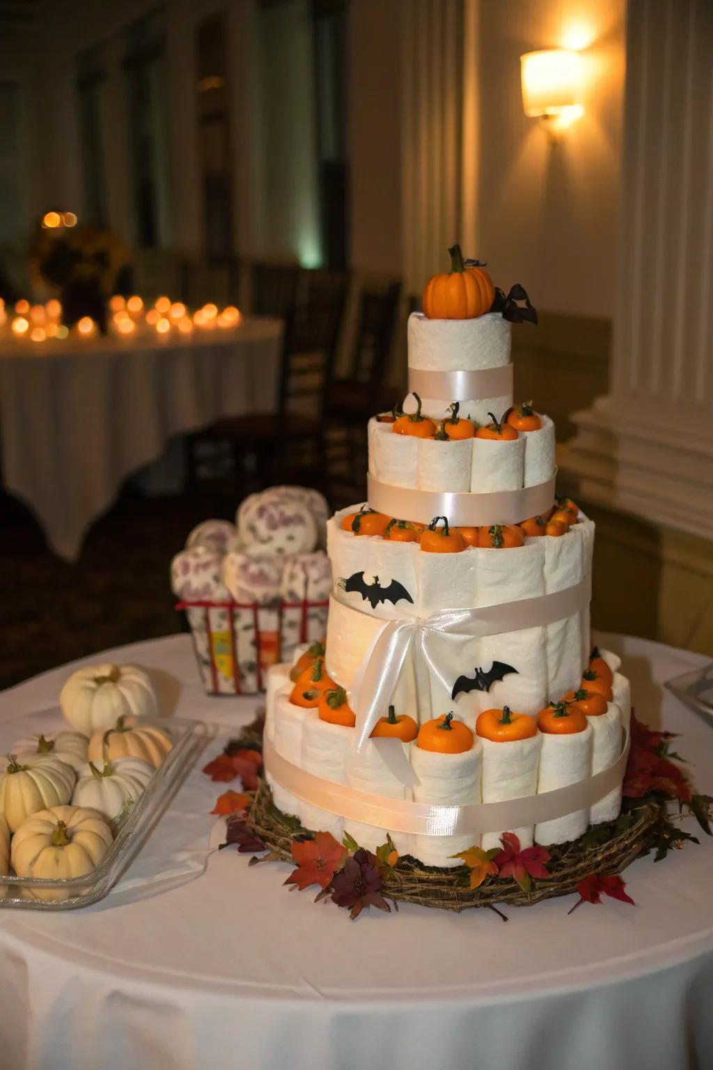 A pumpkin-themed diaper cake is both decorative and practical.
