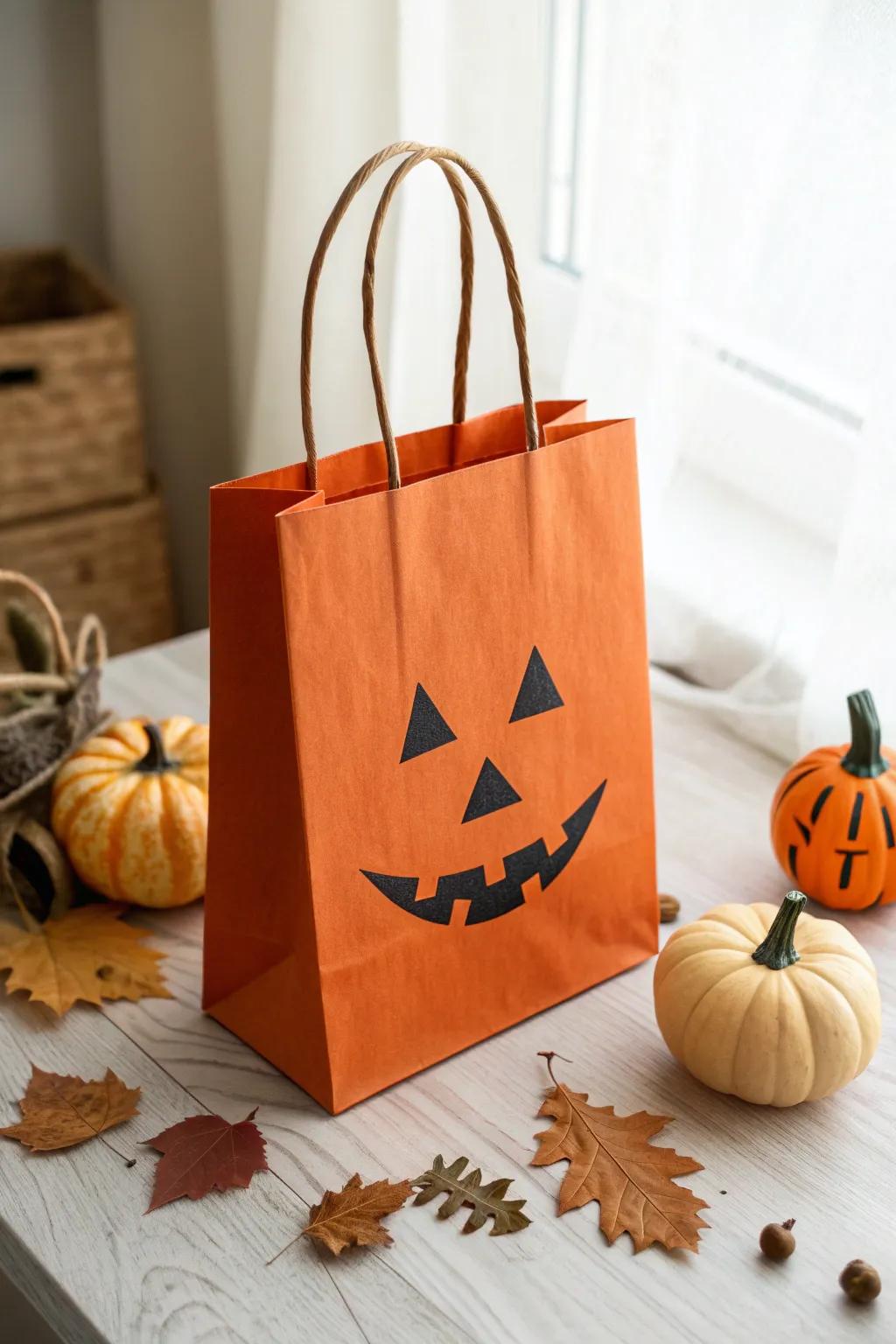 Elevate your Halloween with a chic, minimalist jack-o'-lantern treat bag, perfect for those who appreciate craftsmanship and simplicity.