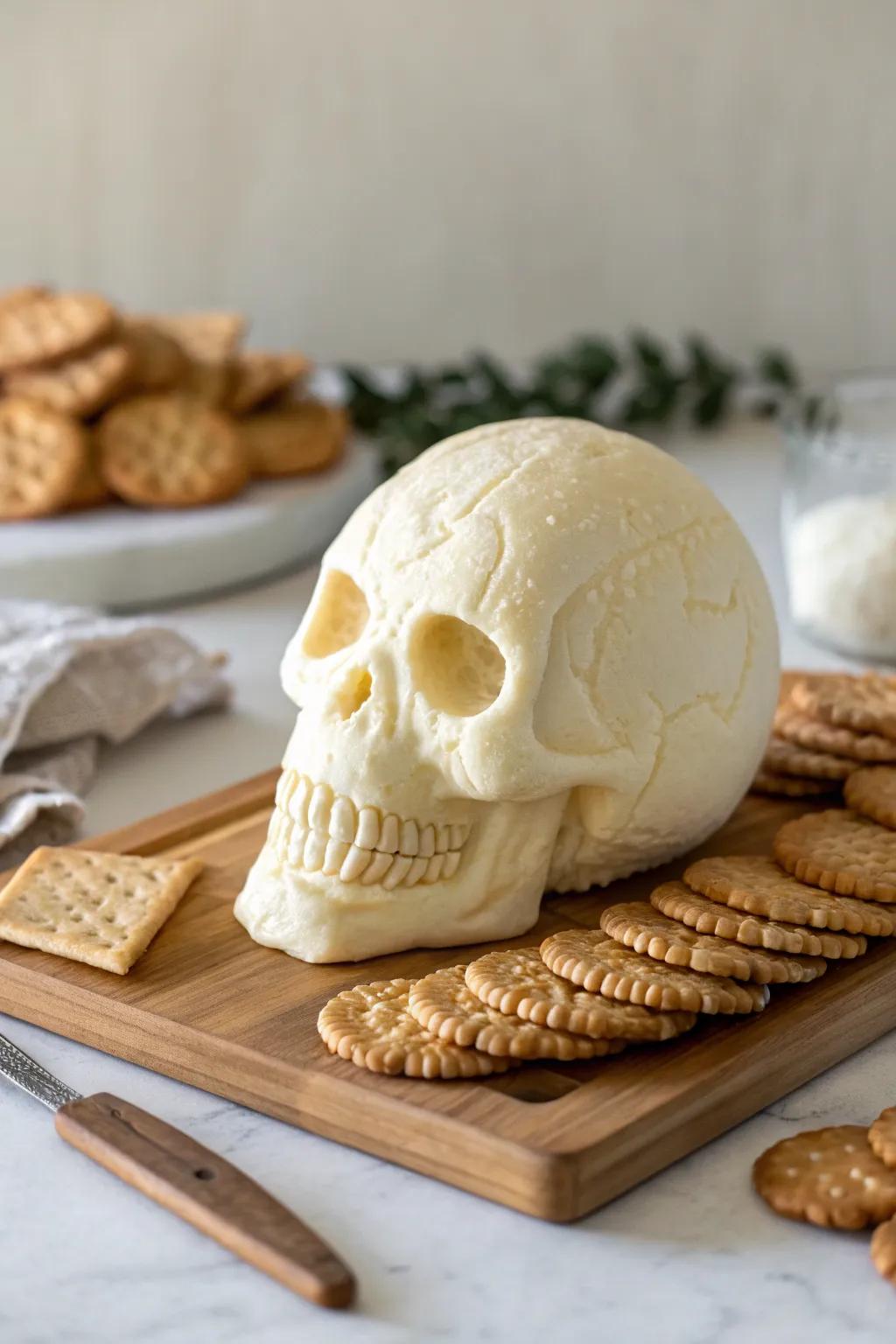 Elevate your Halloween table with a Savory Skull Cheese Ball – where craftsmanship meets creativity.