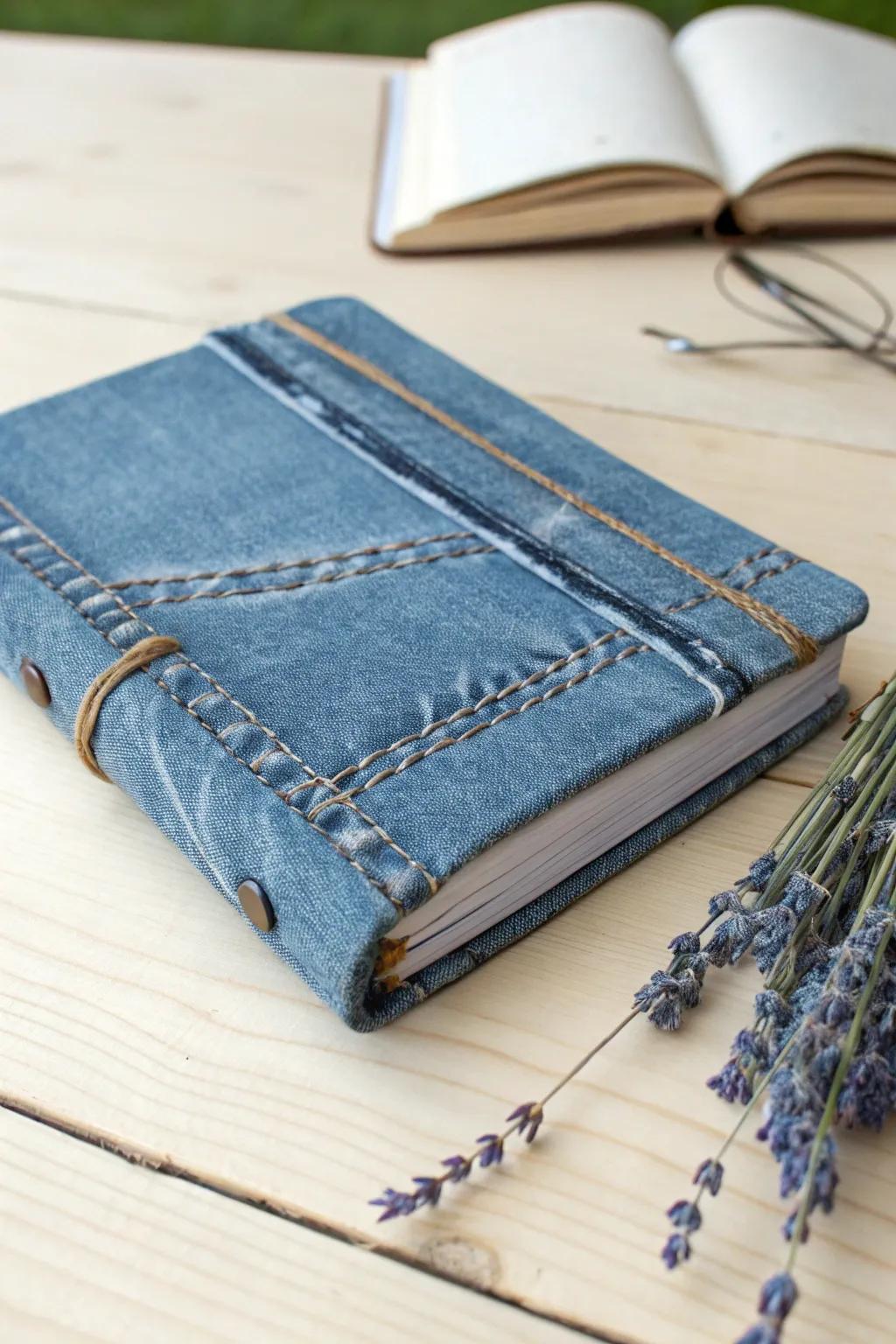 Breathe new life into your old jeans with this charming upcycled denim book cover.