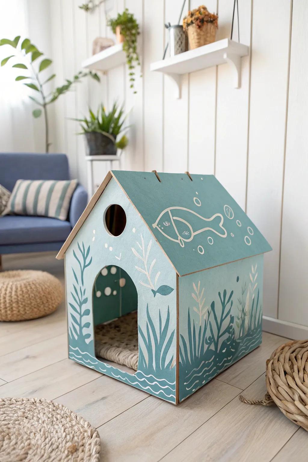 Dive into creativity: A serene sea-themed cat house for your feline friends.