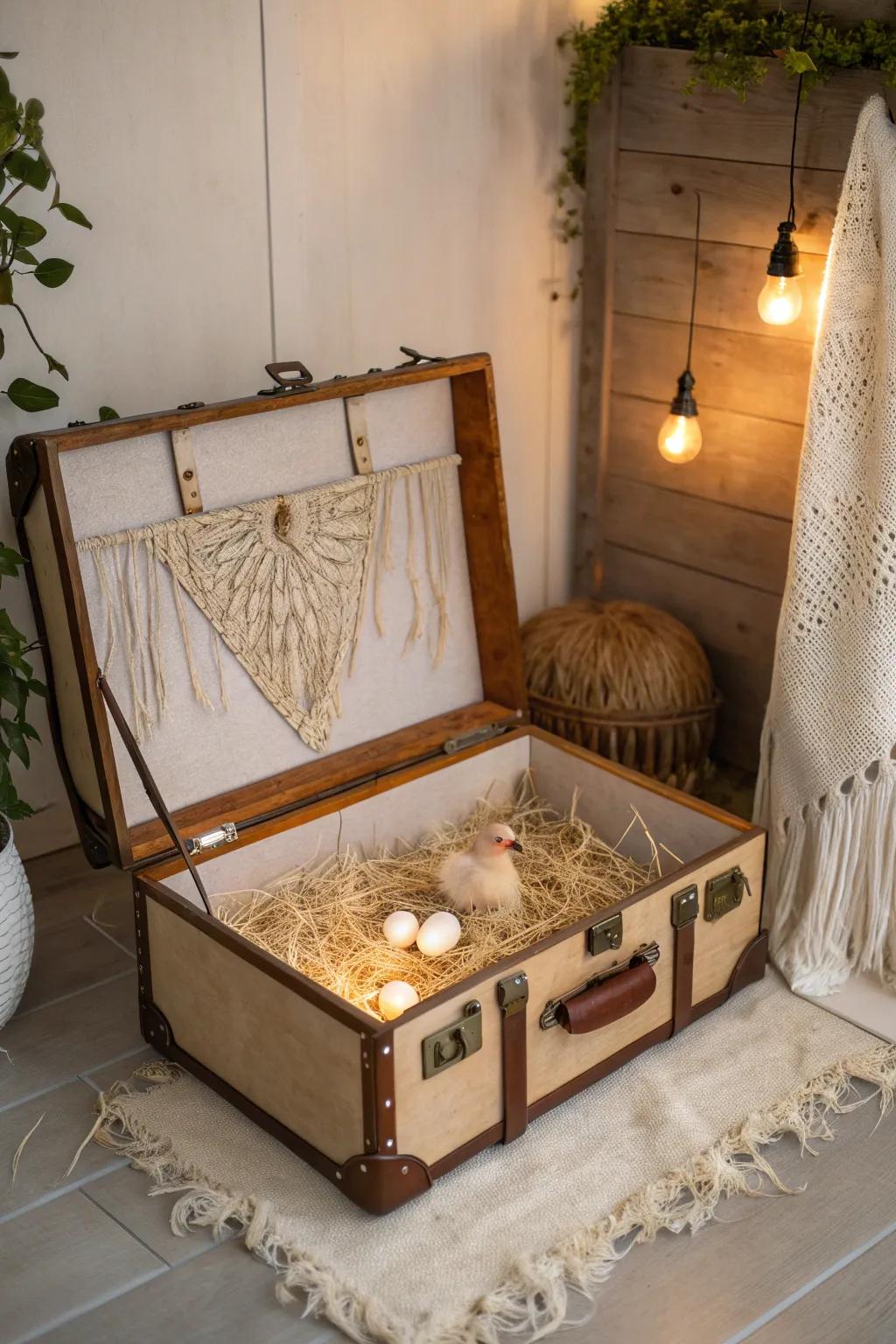 A nostalgic twist on chick brooders: vintage suitcase meets cozy sanctuary.