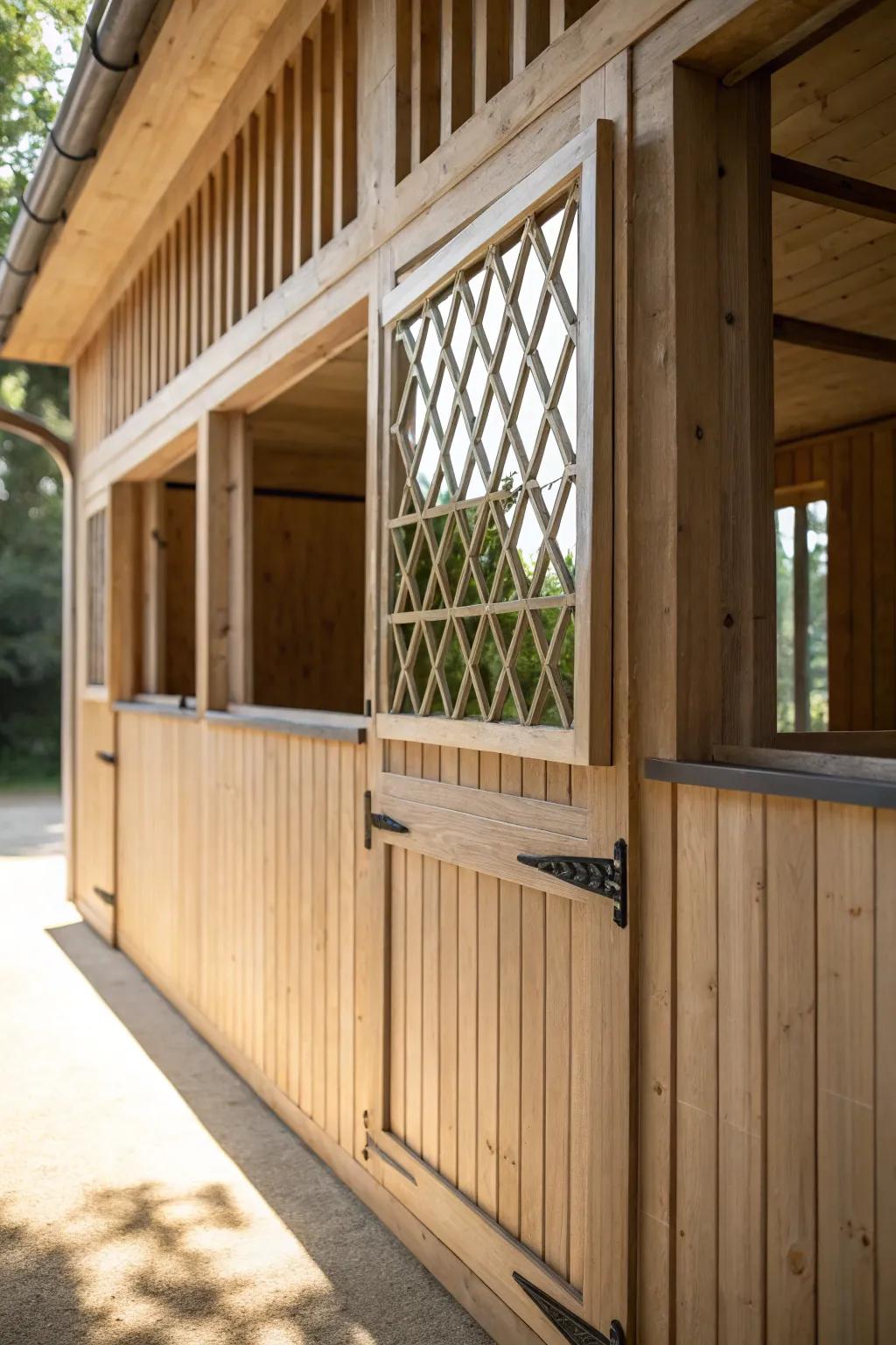 Let your horse enjoy the view with this elegant latticed window design, where simplicity meets natural beauty.