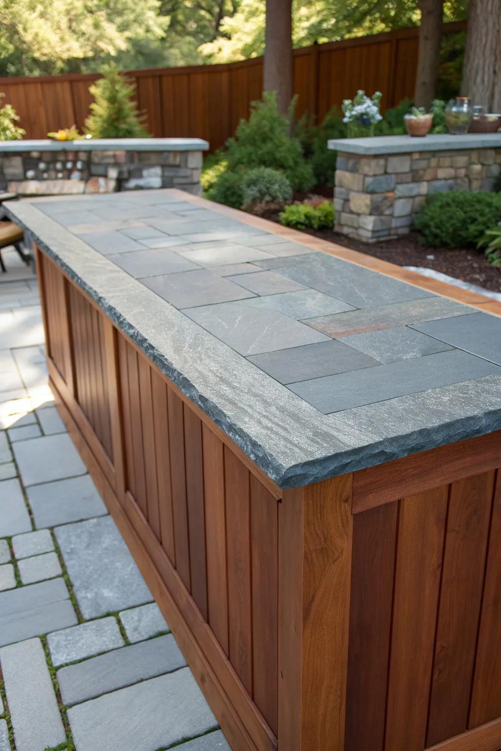 Elevate your outdoor space with a mixed-material masterpiece: where wood meets stone in perfect harmony.