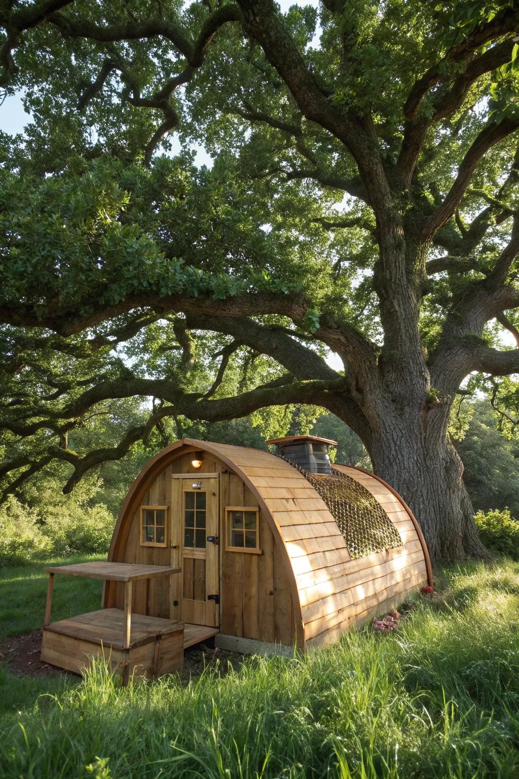 Eco-friendly elegance: A handcrafted hoop coop under nature's canopy.