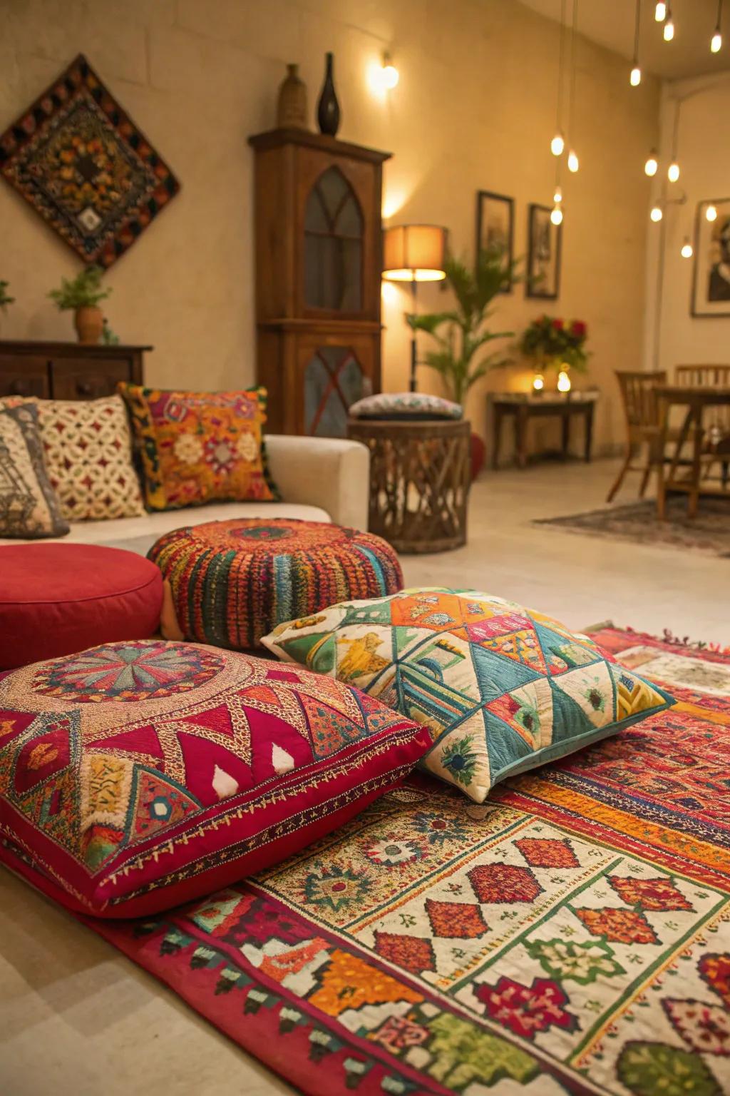 Room energized with vibrant patterns in decor.