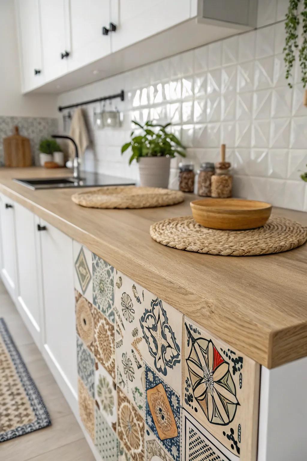 Elevate your kitchen with a stunning mixed media countertop that blends tiles and wood for a unique, artisanal touch.