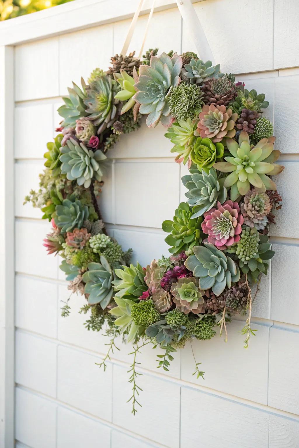 Embrace simplicity with a lush succulent wreath—low maintenance, high impact.