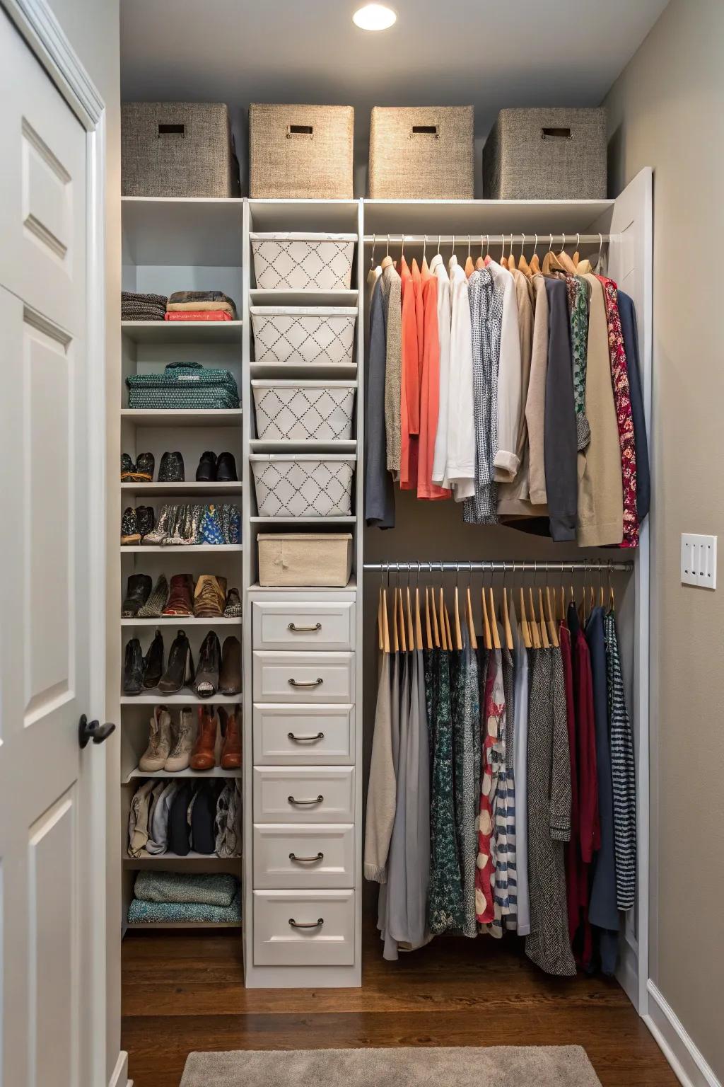 Hanging organizers create additional storage levels in tight spaces.