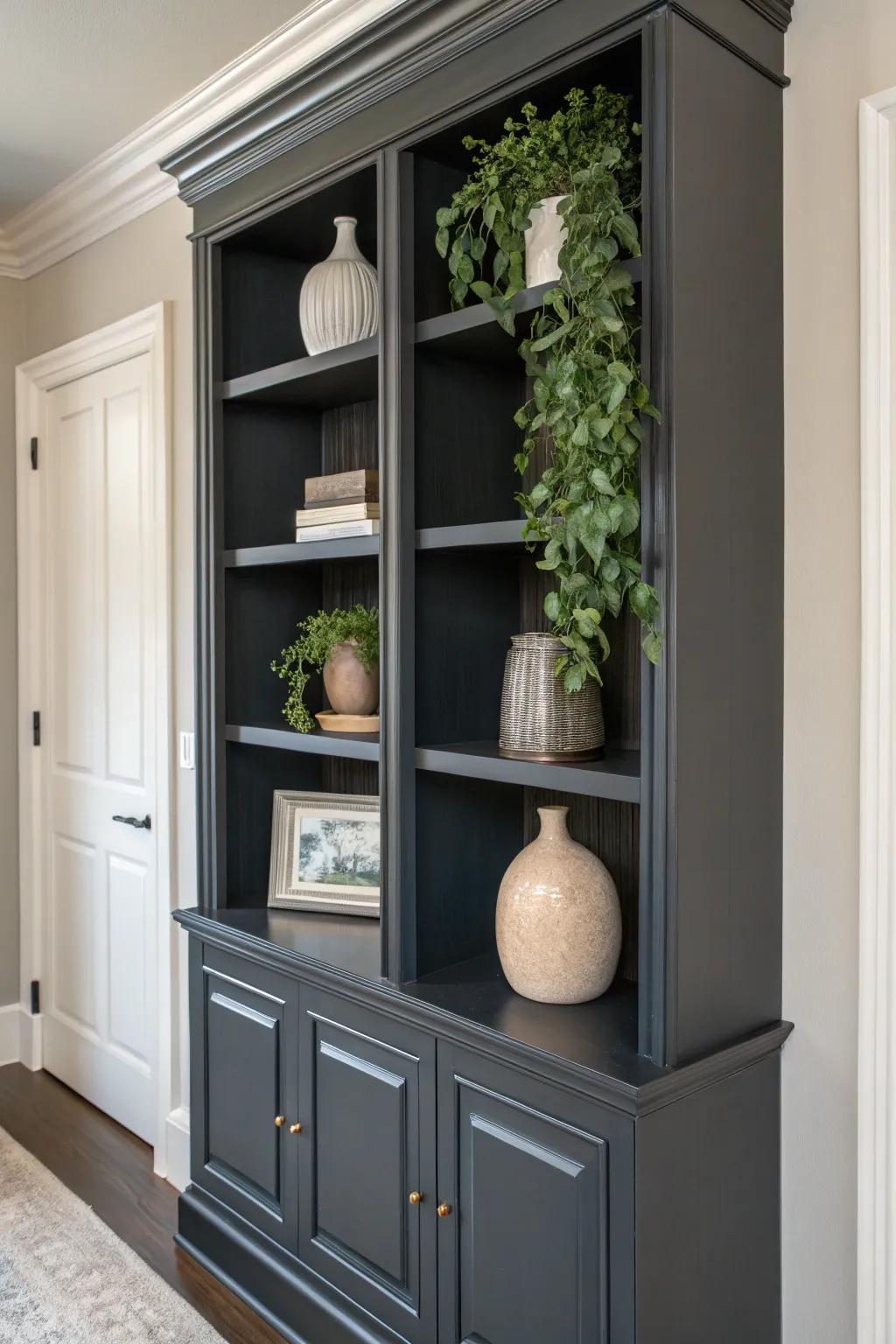 Elevate your space with the sleek elegance of high-gloss built-in bookshelves.
