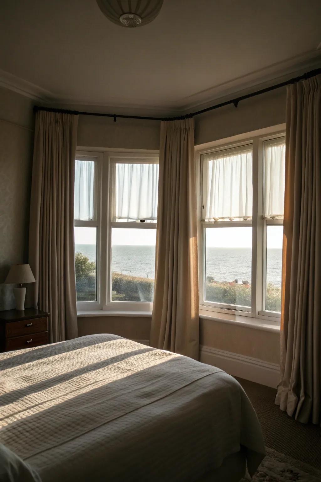 Blackout curtains provide privacy and insulation.