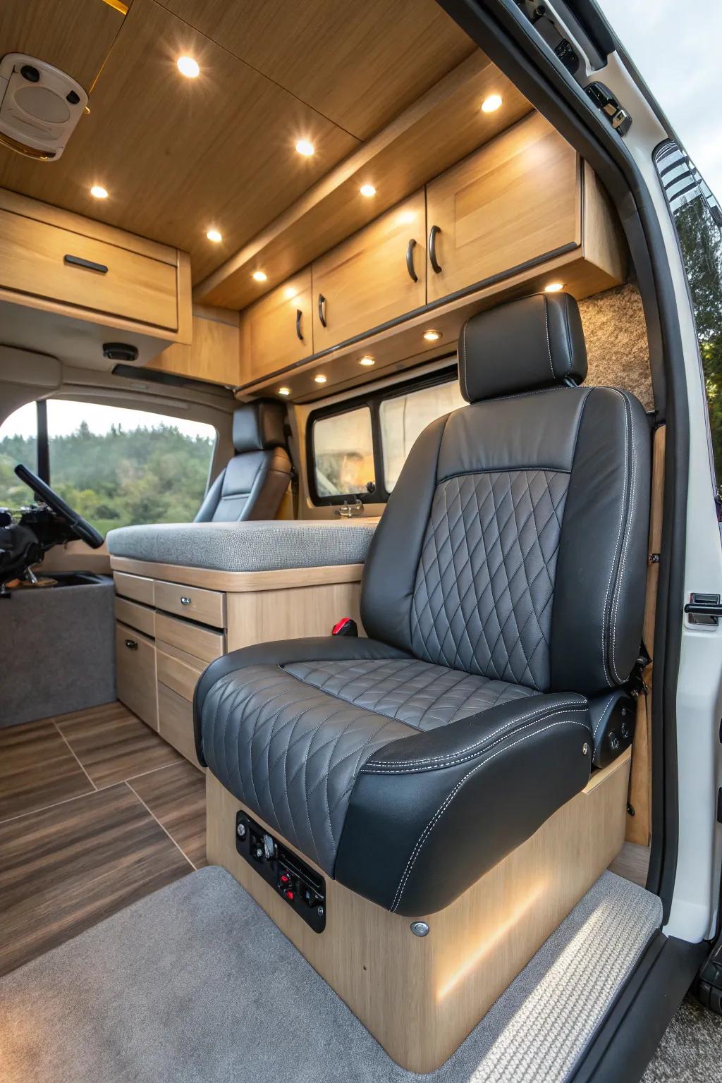Elevate your camper van with stylish swivel seating for ultimate comfort and flexibility.