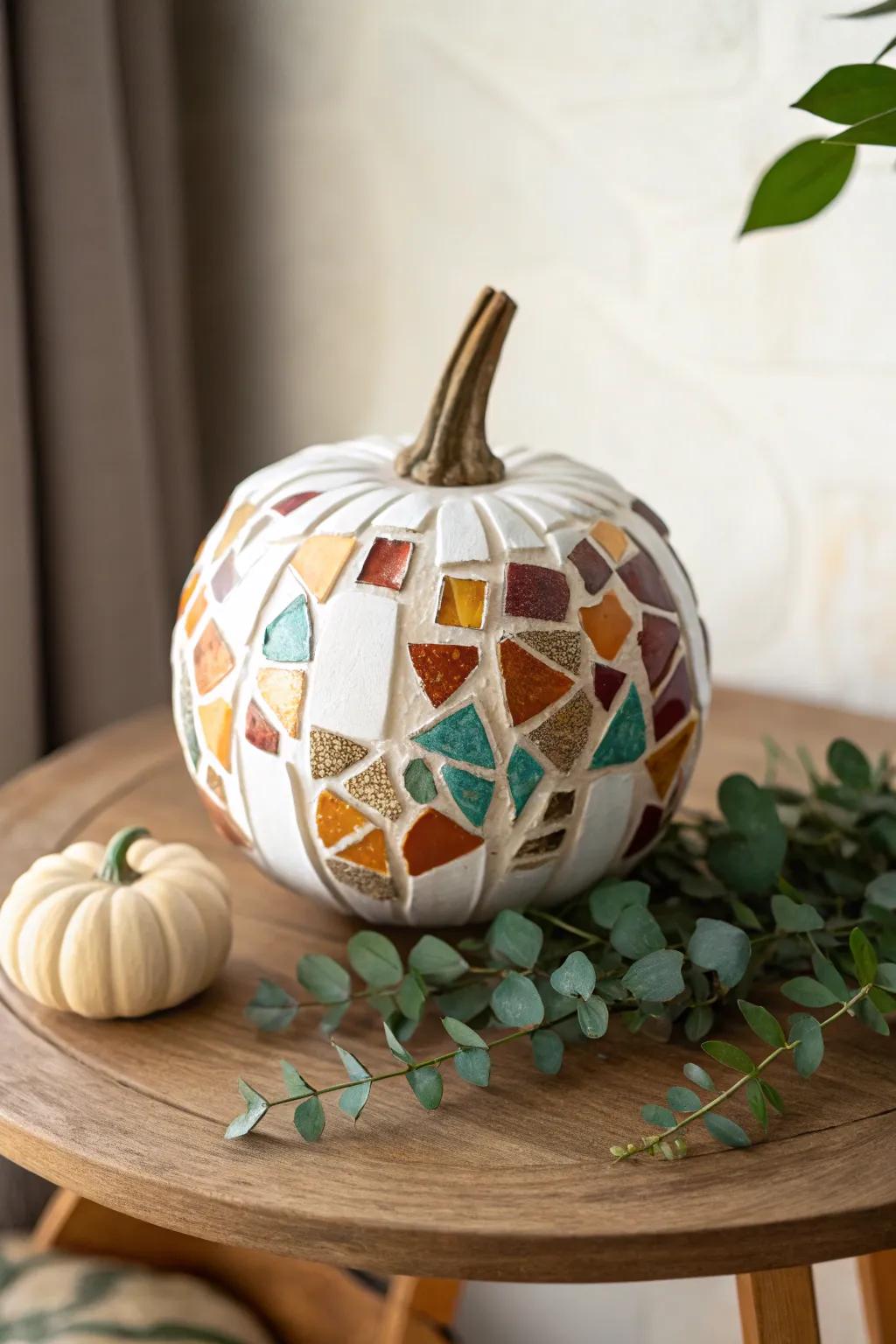 Craft a unique mosaic pumpkin that combines playful colors with minimalist elegance, perfect for your autumn décor.