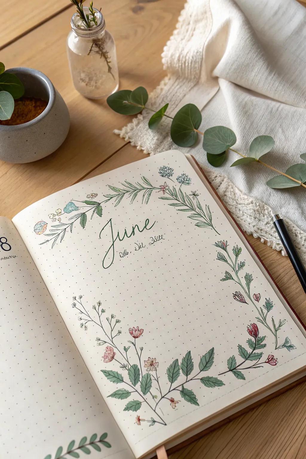 Embrace simplicity and elegance with botanical borders for your June journal.